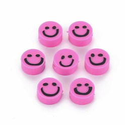 Deep Pink Handmade Polymer Clay Beads, Flat Round with Smiling Face, Deep Pink, 8~9x4mm, Hole: 1.5mm