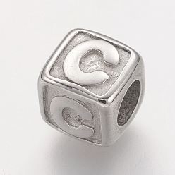 Letter C Устойчивые к потускнению 304 европейские бусины из нержавеющей стали, горизонтальное отверстие, бусины с большим отверстием, куб с letter.c, 8x8x8 мм, отверстие : 4 мм