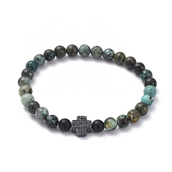 Африканский Бирюза(яшма) Браслеты-стрейч из натуральной африканской бирюзы (яшмы), с бусинами из натурального черного агата (окрашенными) и латунными подвесками из циркония с микропаве, крестик, 2 дюйм (50 мм)