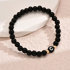 Letter C Браслеты из литой смолы с круглыми бусинами, плоские круглые с буквы, чёрные, золотые, буква С, 7-1/8 дюйм (18 см)