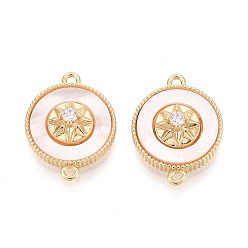 Настоящее золото 18K Подвески-коннекторы из латуни с микропаве, прозрачными кубическими циркониями и ракушками., плоский круглый с цветочными звеньями, белые, реальный 18 k позолоченный, 16x12x5 мм, отверстие : 0.9~1.2 мм