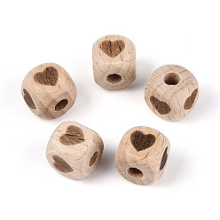 Светло-коричневый Европейские бусины из буковой древесины с лазерной гравировкой, куб и сердце, бусины с большим отверстием, загар, 12x12x12 мм, отверстие : 4.5 мм