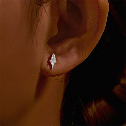 Платина Ромб 925 серьги из стерлингового серебра с микропаве из прозрачного кубического циркония для крепления на хрящ, платина, 8.4x4 мм, Длина стержня: 8мм, штифты : 1.2 мм