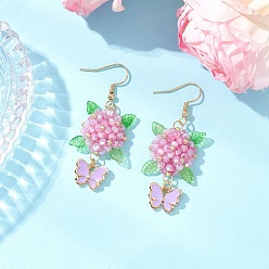 Сливовый 304 серьги-подвески в виде цветка и бабочки из нержавеющей стали, со стеклянными бусинами и эмалированными подвесками из сплава, стеклянными бусинами и акриловыми подвесками, золотые, слива, 53.5x20.5 мм