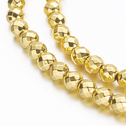 Golden Plated Electroplate Non-magnetic Synthetic Hematite Beads Strands, Faceted(64 Facets), Round, Golden Plated, 4mm, Hole: 1mm, about 98pcs/strand, 15.7 inch