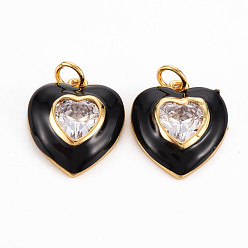 Black Brass Enamel Pendants, with Clear Cubic Zirconia and Jump Ring, Nickel Free, Real 16K Gold Plated, Heart, Black, 17.5x15.5x4.5mm, Hole: 3.5mm