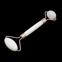 White Jade Natural White Jade Massage Tools, Facial Rollers, with Brass Findings, Rose Gold, 13.5~15.3x4~6x2~2.05cm