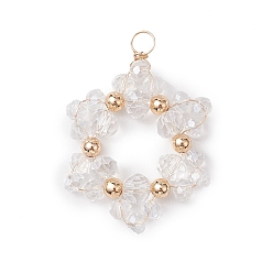 Прозрачный Стеклянные подвески на рождественскую тематику, с медной проволокой, золотые, снежинка, прозрачные, 40x28x6 мм, отверстие : 4 мм