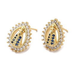 Настоящее золото 18K Серьги-гвоздики со святым кубическим цирконием, стеллаж для латунных украшений для женщин, без свинца и без кадмия, реальный 18 k позолоченный, 15x12 мм, штифты : 0.7 мм