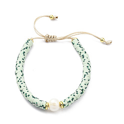 Honeydew Adjustable Natural Pearl & Polymer Clay Disc Braided Beaded Bracelet for Women, Honeydew, Inner Diameter: 1-3/4~3-1/8 inch(4.5~8cm)