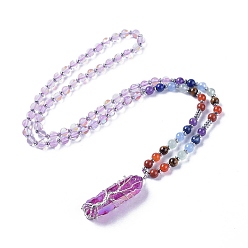 Лунный Камень Ожерелье из синтетического лунного камня, с подвеской из кварцевого хрусталя и латунными находками, 28.3 дюйм (72 см), бусины : 4~6.5 мм, Кулон : 57~63x13~17x14~16 мм