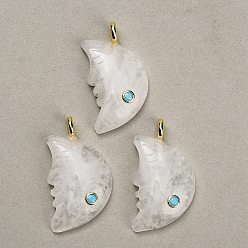 Quartz Crystal Natural Quartz Crystal Pendants, Rock Crystal Moon Charms, with Brass Pave Cubic Zirconia Findings, Golden, 40~42x22~24x7~8mm, Hole: 4.5mm
