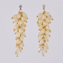 Light Goldenrod Yellow Electroplate Glass Cluster Beads Dangle Stud Earrings, with Brass Cubic Zirconia Stud Earring Findings and Ear Nuts, Earring Backs, Real 18K Gold Plated, Light Goldenrod Yellow, 55mm, Pin: 0.7mm