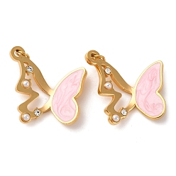 Розовый 304 нержавеющей стальной эмали подвески, с абс пластмассовой жемчужиной и жемчугом, очарование бабочки, с целью перехода в кольце, ионное покрытие (ip), реальный 18 k позолоченный, туманная роза, 19x19x3 мм, отверстие : 2.5 мм