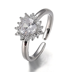 Платина Латунные кольца из манжеты с прозрачным цирконием, открытые кольца, без кадмия и без свинца, сердце, платина, размер США 5 1/2 (16.1 мм)