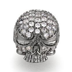 Gunmetal Brass Micro Pave Cubic Zirconia Beads, Skull, Gunmetal, 13x10.5x10mm, Hole: 2mm