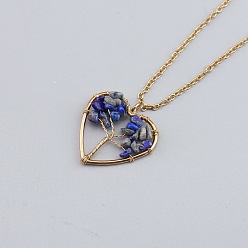 Lapis Lazuli Natural Lapis Lazuli Chip Beaded Tree of Life Alloy Heart Pendant Necklaces, Golden, 20.87 inch(53cm)