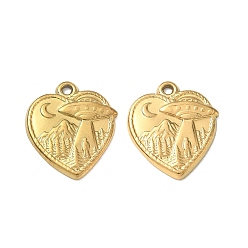 Real 18K Gold Plated 304 Stainless Steel Pendants, Heart with UFO & Mountain Charms, Ion Plating(IP), Real 18K Gold Plated, 21x18x2mm, Hole: 1.6mm