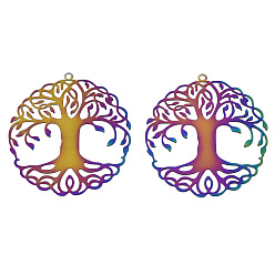 Rainbow Color Ионное покрытие (ip) 201 филигранные подвески из нержавеющей стали, гравированные металлические украшения, древо жизни, Радуга цветов, 43x40x0.3 мм, отверстие : 1.6 мм