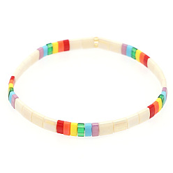 Coloré Bracelets extensibles bohèmes à rayures en verre arc-en-ciel plat à double trou pour femmes, colorées, 6.89 pouce (17.5 cm)