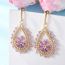 Сливовый Серьги-гвоздики со стеклянными бусинами и окрашенным натуральным малайзийским нефритом, золотые, с 304 серьгами из нержавеющей стали, слива, 51.5x26.5 мм