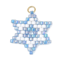 Licht Himmel blau Glasperlen Anhänger, Sterne-Charme, mit offenen Biegeringen aus 304 Edelstahl, Licht Himmel blau, 21x20x2 mm, Bohrung: 2.7 mm