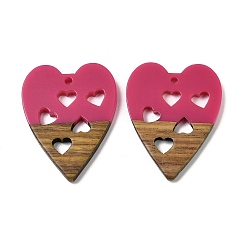 Камелия Подвески из смолы и ореха, Сердце с сердцем, подарок на День святого Валентина, камелия, 37.5x29x3.5 мм, отверстие : 1.8 мм