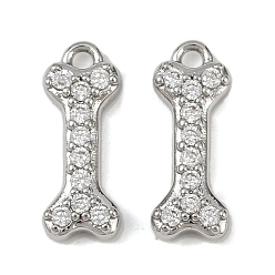 Платина Латунные микропаве прозрачные подвески с фианитом, без кадмия, без никеля и без свинца, подвески в форме кости, платина, 13.5x5.5x2.5 мм, отверстие : 1.2 мм
