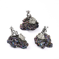 Угольный Кварц Гальваническое покрытие натуральный уголь кварц кластерная скульптура основание, со старинным серебряным сплавом шахтер, для украшения рабочего стола домашнего офиса, 40~65x33~50x40~65 мм