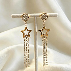 Golden 304 Stainless Steel & Crystal Rhinestone Stud Dangle Earrings for Women, Star with Octagon, Golden, 70mm