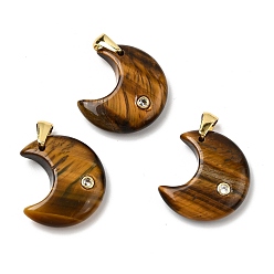 Тигровый глаз Природных тигровый глаз подвески, с микропаве из кубического циркония на латунной основе и фурнитурой из нержавеющей стали., Луна прелести, золотые, 201 мм, отверстие : 23x21x6.5 мм