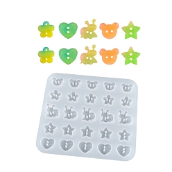 Ghost White DIY Button Silicone Molds, Resin Casting Molds, for UV Resin & Epoxy Resin Craft Making, Bear, Flower, Snail, Star, Heart, Ghost White, 93x85x5mm, Hole: 1.5~2mm, Inner Diameter: 9~14x11~12mm