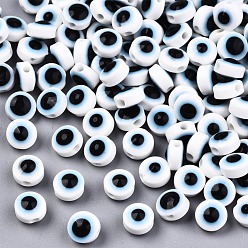 White Resin Beads, Flat Round, Evil Eye, White, 7.5~8x5~6mm, Hole: 1.8~2mm