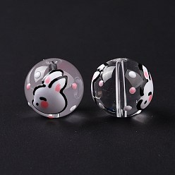 Rabbit Transparent Glass Beads, with Enamel, Round, White, Rabbit Pattern, 14~15x13~13.5mm, Hole: 1.5~1.6mm