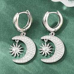 Platine Boucles d'oreilles créoles pendantes en laiton serties de micro-pavés de zirconiums cubiques, lune avec soleil, sans plomb et sans cadmium, crémaillère plaquage, plaqué longue durée, platine, 37x15mm