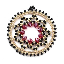 Черный Бисер подвески из бисера, с фурнитурой позолоченной латунной, круглый с узором звезда Давида, чёрные, 45x41~41.5x4 мм, отверстие : 1.5~1.6 мм