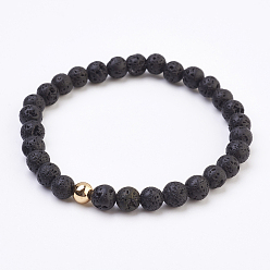 Lavastein Stretch-Armbänder aus natürlichem Lavastein, mit runden Distanzringen aus Messing, 2-1/8 Zoll (5.3 cm)