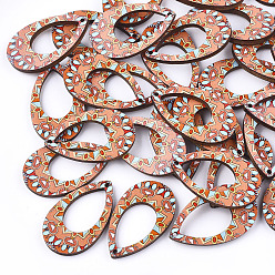 Light Salmon Printed Basswood Pendants, Teardrop, Back Random Color, Light Salmon, 34.5x20.5x3mm, Hole: 1.6mm