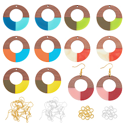 Mixed Color DIY Walnut Wooden Dangle Earring Making Kits, Including 12Pcs 6 Styles Ring Resin & Walnut Wood Pendants, Iron Earring Hooks & Jump Rings, Mixed Color, 38x3mm, Hole: 2mm, 2pcs/color, 6 colors, 12pcs