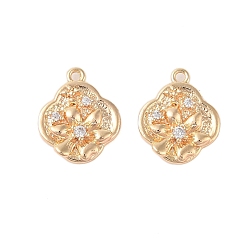 Настоящее золото 18K Латунные подвески с прозрачным стеклом, цветок, реальный 18 k позолоченный, 14.5x12.5x4 мм, отверстие : 1.2 мм