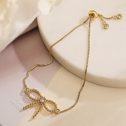 Настоящее золото 18K Браслеты из латуни с микропаве и кубическим цирконием для женщин, бантом, реальный 18 k позолоченный, 10-1/2 дюйм (26.8 см), бант : 18.5x31.5 мм