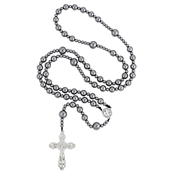 Antique Silver Synthetic Non-Magnetic Hematite Round Rosary Bead Necklaces, Alloy Cross Pendant Necklaces, Antique Silver, 30.71 inch(78cm)