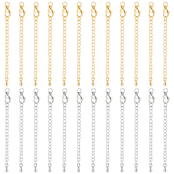 Real Gold Plated & Real Platinum Plated 24 ensembles 2 couleurs rallonge de chaîne en laiton plaqué longue durée, avec des agrafes de pince de homard et des pointes de perle, Plaqué or et plaqué platine, 12x7x3mm, Trou: 3.5mm, chaîne étendre: 65mm, anneau: 5x1 mm, 12 ensembles/couleur