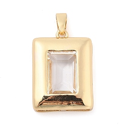 Прозрачный Стойки обшивки латунные подвески, стеклянные подвески прямоугольной формы, долговечный, без кадмия и без свинца, реальный 18 k позолоченный, прозрачные, 25x18x6.5 мм, отверстие : 3x5.5 мм