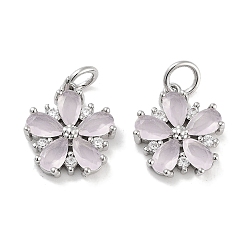 Pink Латунные микро проложить кубического циркония прелести, с целью перехода в кольце, цветок, розовые, 13x12x3 мм, отверстие : 3 мм