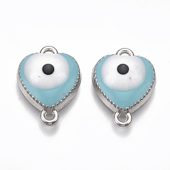 Sky Blue Alloy Links connectors, with Enamel, Heart with Evil Eye, Platinum, Sky Blue, 17x12.5x4mm, Hole: 1mm