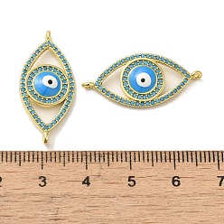 Sky Blue Rack Plating Brass Micro Pave Cubic Zirconia Connector Charms, Eye Links with Evil Eye Enamel, Long-Lasting Plated, Lead Free & Cadmium Free, Real 18K Gold Plated, Sky Blue, 13x28x3mm, Hole: 1.4mm