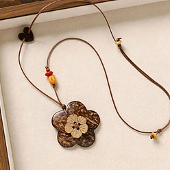 Flor Colgante de coco natural, collar largo ajustable con cordón de cuero y cuentas de madera., coco marrón, flor, 31.50 pulgada (80 cm), colgante: 50 mm