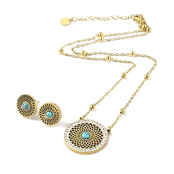 Круглые Комплекты серег и ожерелий с подвесками из синтетической бирюзы, 304 Наборы ювелирных изделий из нержавеющей стали со стразами для женщин, ионное покрытие (IP), круглые, 450 мм