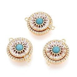 Настоящее золото 18K Латунные застежки с прозрачными фианитами и магнитными застежками, плоско-круглые, с петлями и синтетическим бирюзовым цветом, реальный 18 k позолоченный, 18.5x14.5x7~7.5 мм, отверстие : 1.2 мм